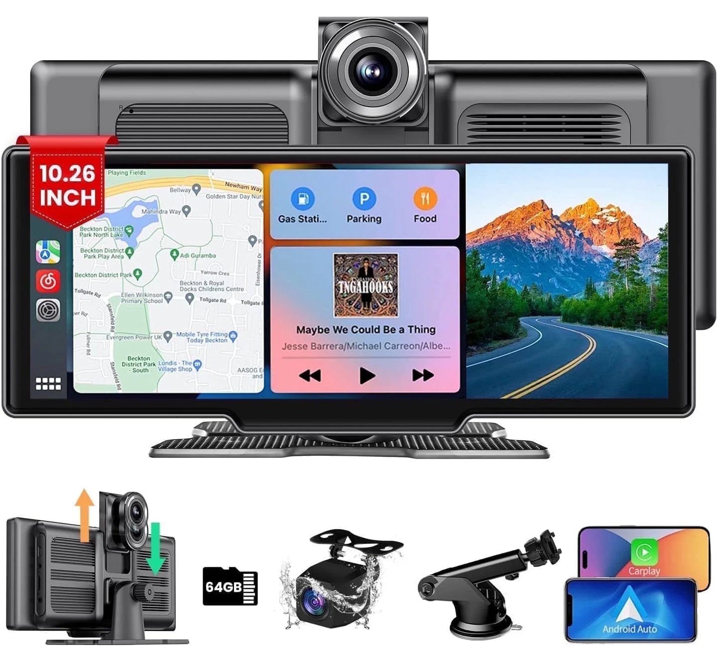 Portable Car Stereo Wireless Apple Carplay, 10.26" FHD Car Touch Sereen Radio, Android Auto, 2.5K Dash Cam Loop Recording, Backup Camera, Bluetooth, Mirror Link, Car Audio Receivers Drivemate