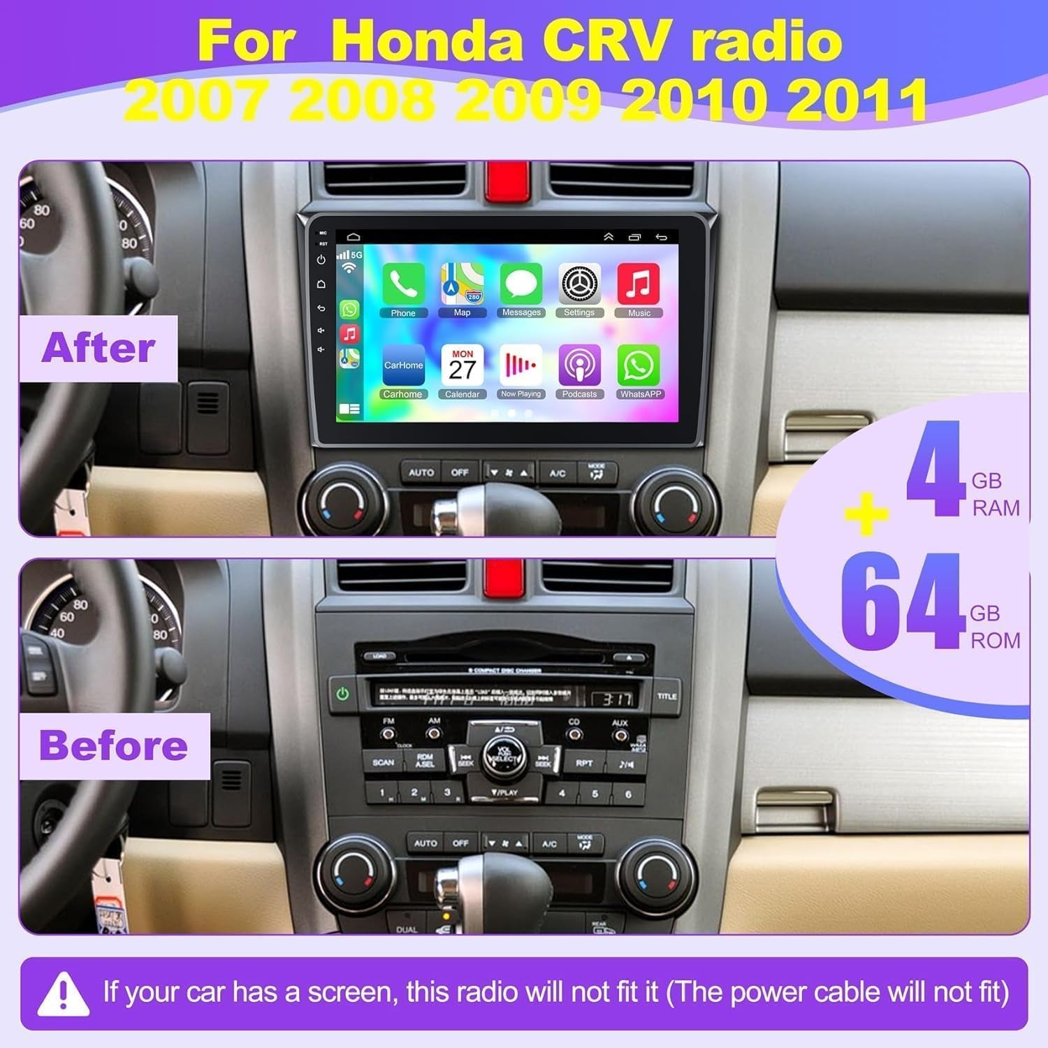 Car Stereo Radio for Honda CRV 2007-2011, Android 12.0 (4G RAM 64G ROM) 9 Inch 5G Wifi CRV Radio Support Carplay/Android Auto,Gps Navigation with Bluetooth,Backup Camera 1080P,SWC/FM Radio