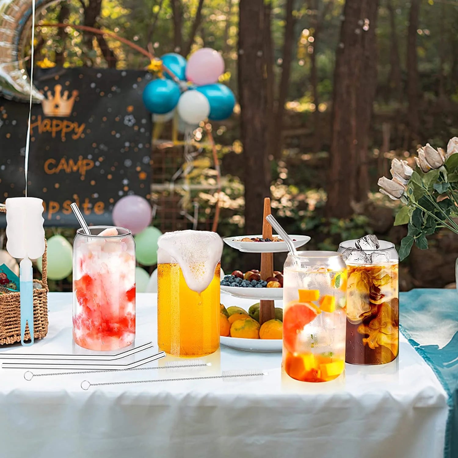 4-Pack 16 Oz Glass Cups with Bamboo Lids and Glass Straws, Can-Shaped Drinking Glasses for Whiskey, Soda, Tea, Water, Gift Set