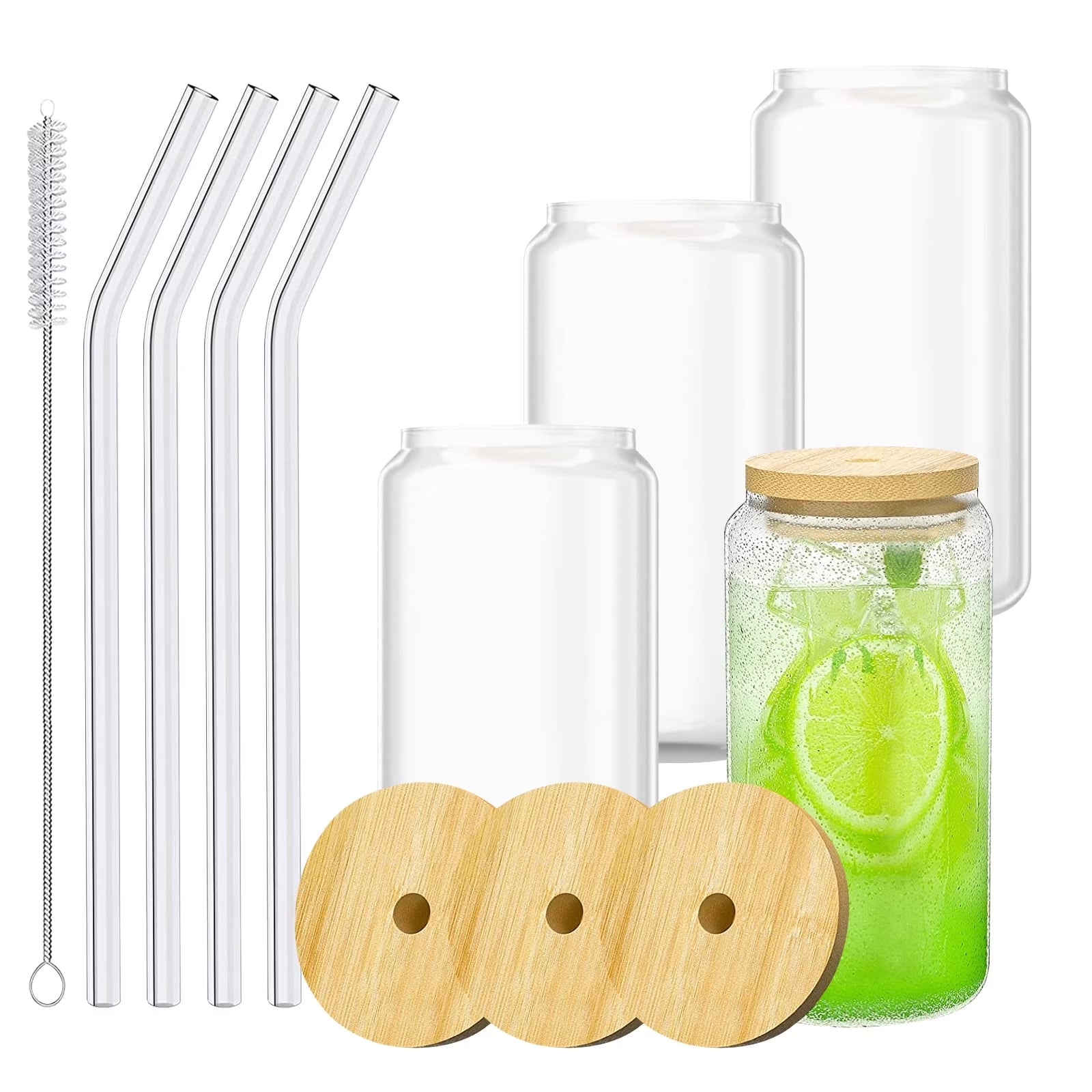 4-Pack 16 Oz Glass Cups with Bamboo Lids and Glass Straws, Can-Shaped Drinking Glasses for Whiskey, Soda, Tea, Water, Gift Set