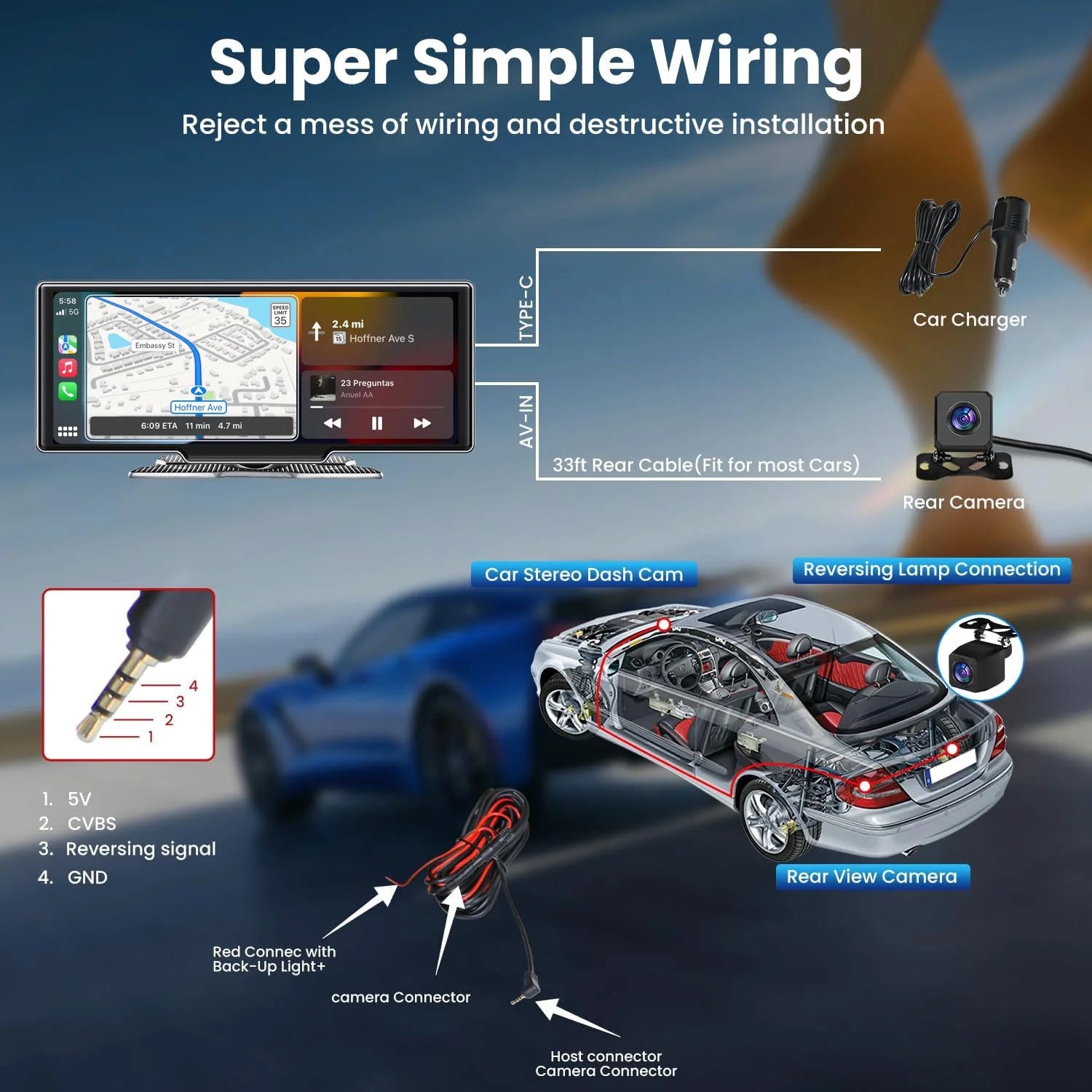 Portable Car Stereo Wireless Apple Carplay, 10.26" FHD Car Touch Sereen Radio, Android Auto, 2.5K Dash Cam Loop Recording, Backup Camera, Bluetooth, Mirror Link, Car Audio Receivers Drivemate