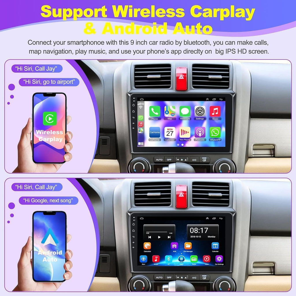 Car Stereo Radio for Honda CRV 2007-2011, Android 12.0 (4G RAM 64G ROM) 9 Inch 5G Wifi CRV Radio Support Carplay/Android Auto,Gps Navigation with Bluetooth,Backup Camera 1080P,SWC/FM Radio