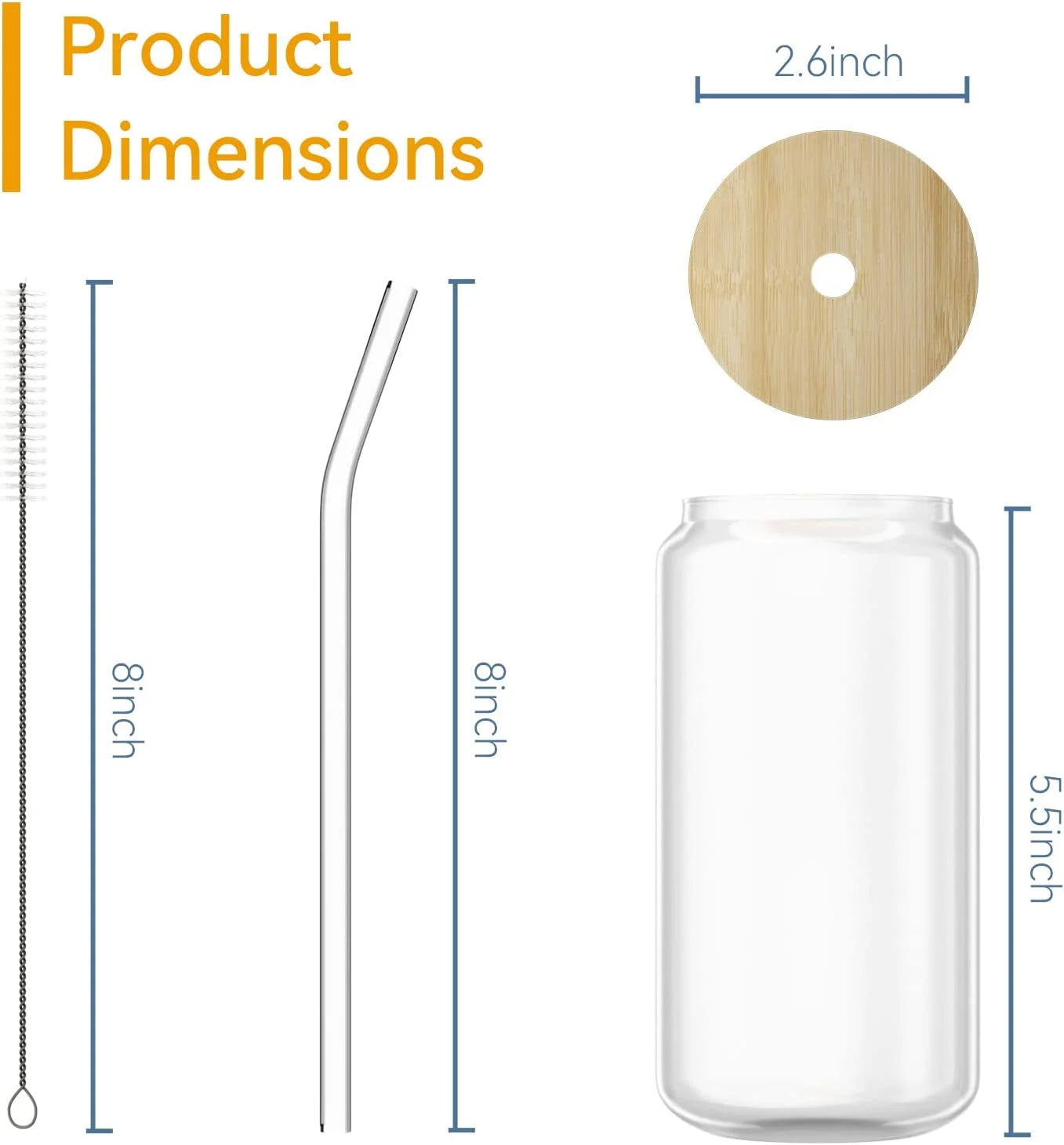 4-Pack 16 Oz Glass Cups with Bamboo Lids and Glass Straws, Can-Shaped Drinking Glasses for Whiskey, Soda, Tea, Water, Gift Set