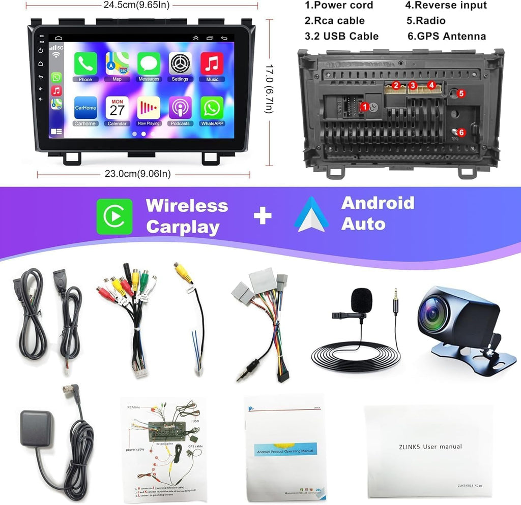 Car Stereo Radio for Honda CRV 2007-2011, Android 12.0 (4G RAM 64G ROM) 9 Inch 5G Wifi CRV Radio Support Carplay/Android Auto,Gps Navigation with Bluetooth,Backup Camera 1080P,SWC/FM Radio