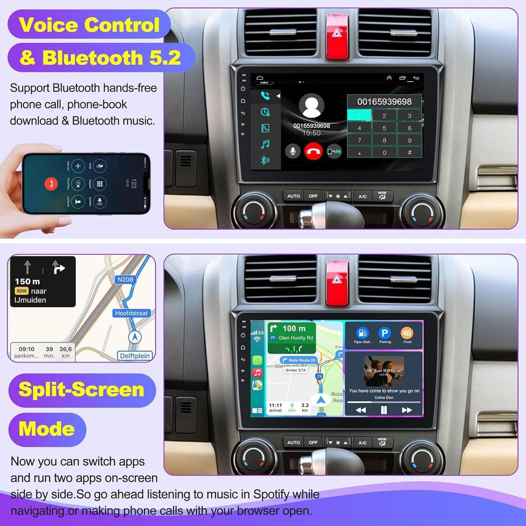 Car Stereo Radio for Honda CRV 2007-2011, Android 12.0 (4G RAM 64G ROM) 9 Inch 5G Wifi CRV Radio Support Carplay/Android Auto,Gps Navigation with Bluetooth,Backup Camera 1080P,SWC/FM Radio