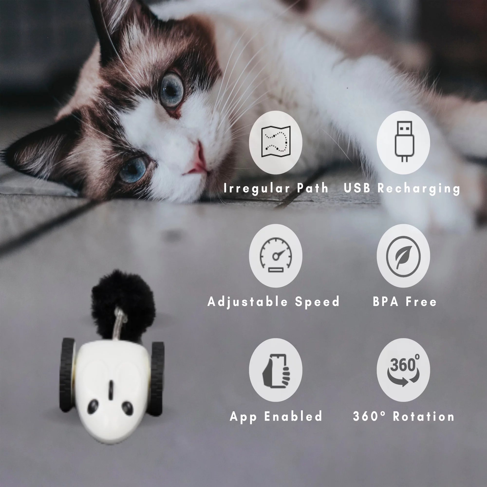 Purechase Smart Cat Toy, Interactive Automatic Mouse Shaped Toy for Pets, App Enabled with Adjustable Speed, Flip Modes, Replaceable Plush Tail and USB Charging for Kittens and Dogs